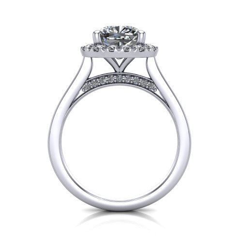 Helen cushion-cut halo engagement ring in 14K White Gold, through-finger front profile showing the cathedral gallery and pavé under-halo