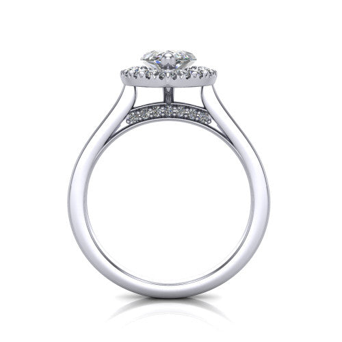 Helen marquise-cut halo engagement ring in 18K White Gold, through-finger front profile showing the cathedral gallery and pavé under-halo