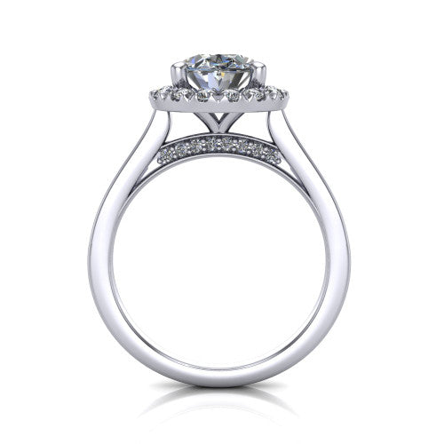 Helen oval halo engagement ring in Platinum, through-finger front profile showing the cathedral gallery and pavé under-halo