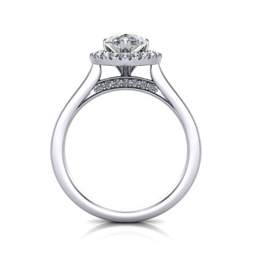 Helen pear-shaped halo engagement ring in 14K White Gold, through-finger front profile showing the cathedral gallery and pavé under-halo