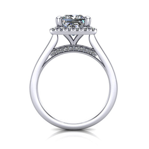 Helen princess-cut halo engagement ring in 18K White Gold, through-finger front profile showing the cathedral gallery and pavé under-halo