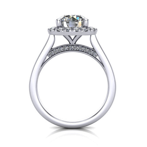 Helen round halo engagement ring in 14K White Gold, through-finger front profile showing the cathedral gallery and pavé under-halo