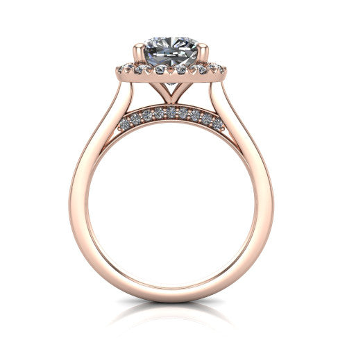 Helen cushion-cut halo engagement ring in 14K Rose Gold, through-finger front profile showing the cathedral gallery and pavé under-halo