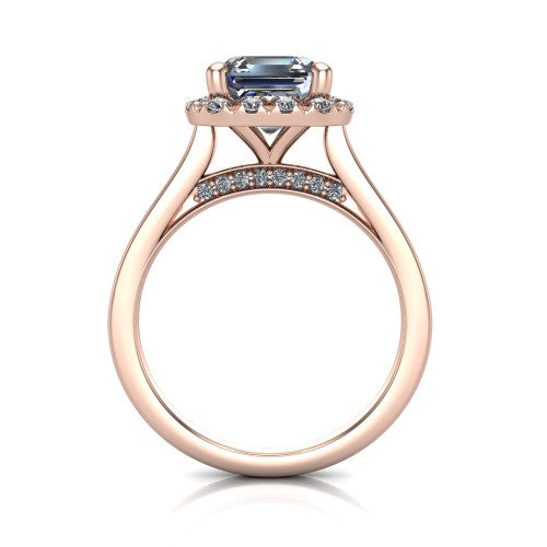 Helen square emerald-cut halo engagement ring in 14K Rose Gold, through-finger front profile showing the cathedral gallery and pavé under-halo