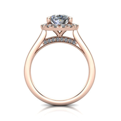 Helen oval halo engagement ring in 14K Rose Gold, through-finger front profile showing the cathedral gallery and pavé under-halo