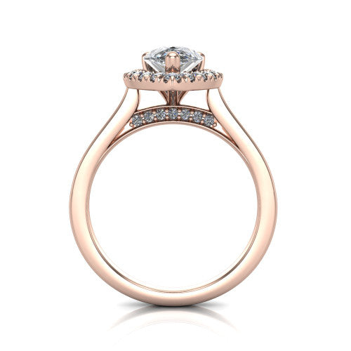 Helen pear-shaped halo engagement ring in 18K Rose Gold, through-finger front profile showing the cathedral gallery and pavé under-halo