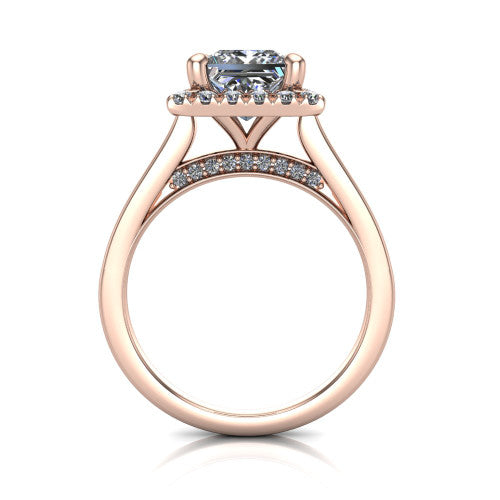 Helen princess-cut halo engagement ring in 14K Rose Gold, through-finger front profile showing the cathedral gallery and pavé under-halo