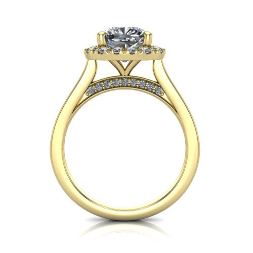 Helen cushion-cut halo engagement ring in 14K Yellow Gold, through-finger front profile showing the cathedral gallery and pavé under-halo