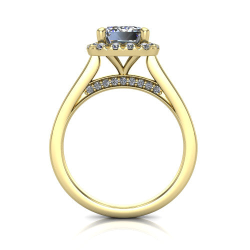 Helen emerald-cut halo engagement ring in 14K Yellow Gold, through-finger front profile showing the cathedral gallery and pavé under-halo