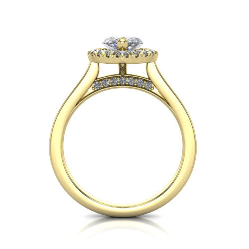 Helen marquise-cut halo engagement ring in 14K Yellow Gold, through-finger front profile showing the cathedral gallery and pavé under-halo