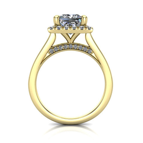 Helen princess-cut halo engagement ring in 14K Yellow Gold, through-finger front profile showing the cathedral gallery and pavé under-halo