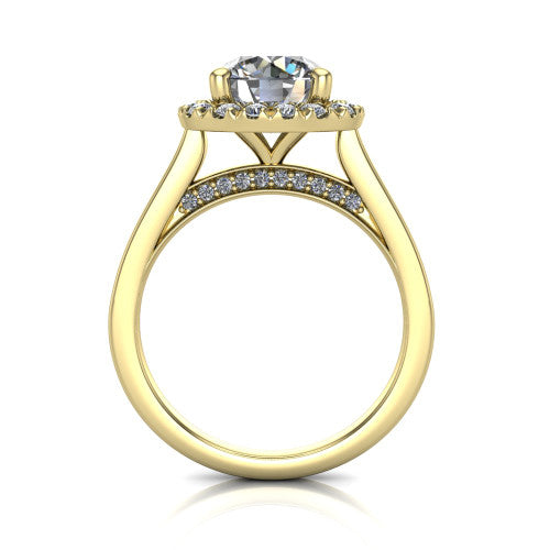 Helen round halo engagement ring in 18K Yellow Gold, through-finger front profile showing the cathedral gallery and pavé under-halo
