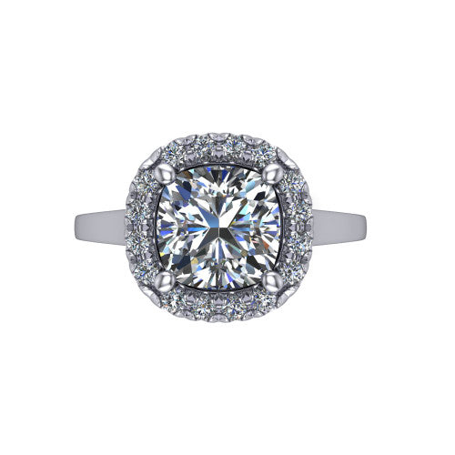 Helen cushion-cut halo engagement ring in 14K White Gold, top-down view showing the cushion-cut center diamond framed by the pavé halo