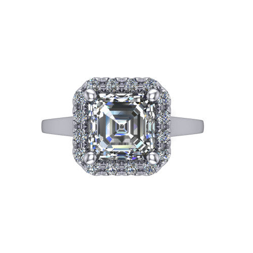 Helen square emerald-cut halo engagement ring in Platinum, top-down view showing the square emerald-cut center diamond framed by the pavé halo