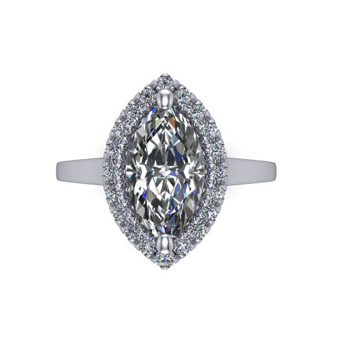 Helen marquise-cut halo engagement ring in 14K White Gold, top-down view showing the marquise-cut center diamond framed by the pavé halo