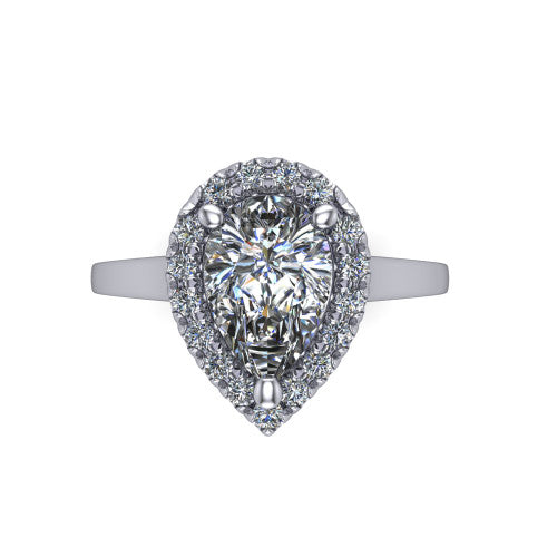 Helen pear-shaped halo engagement ring in Platinum, top-down view showing the pear-shaped center diamond framed by the pavé halo