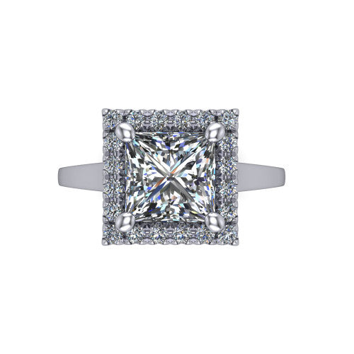 Helen princess-cut halo engagement ring in 14K White Gold, top-down view showing the princess-cut center diamond framed by the pavé halo