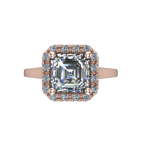 Helen square emerald-cut halo engagement ring in 14K Rose Gold, top-down view showing the square emerald-cut center diamond framed by the pavé halo