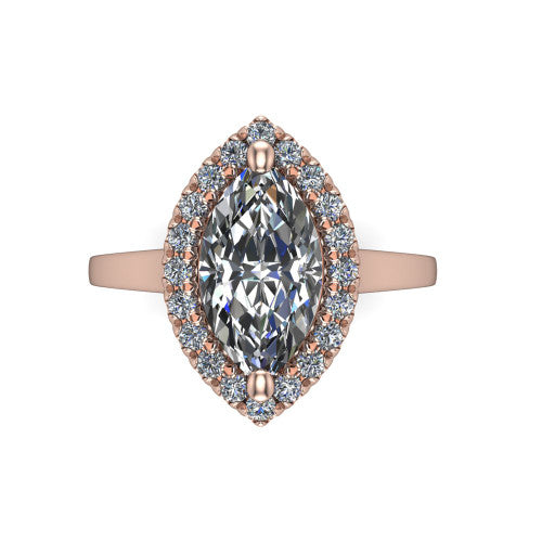 Helen marquise-cut halo engagement ring in 14K Rose Gold, top-down view showing the marquise-cut center diamond framed by the pavé halo