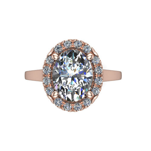 Helen oval halo engagement ring in 14K Rose Gold, top-down view showing the oval center diamond framed by the pavé halo