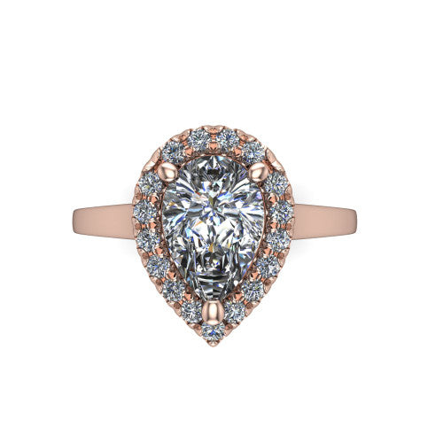 Helen pear-shaped halo engagement ring in 14K Rose Gold, top-down view showing the pear-shaped center diamond framed by the pavé halo