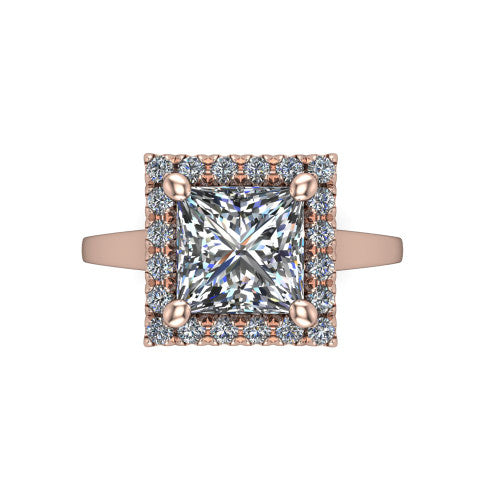 Helen princess-cut halo engagement ring in 18K Rose Gold, top-down view showing the princess-cut center diamond framed by the pavé halo