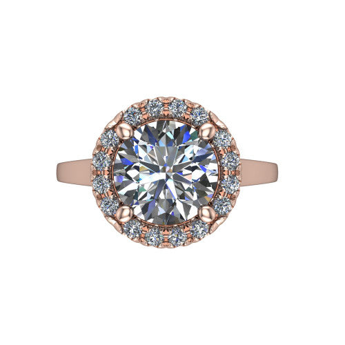 Helen round halo engagement ring in 14K Rose Gold, top-down view showing the round center diamond framed by the pavé halo