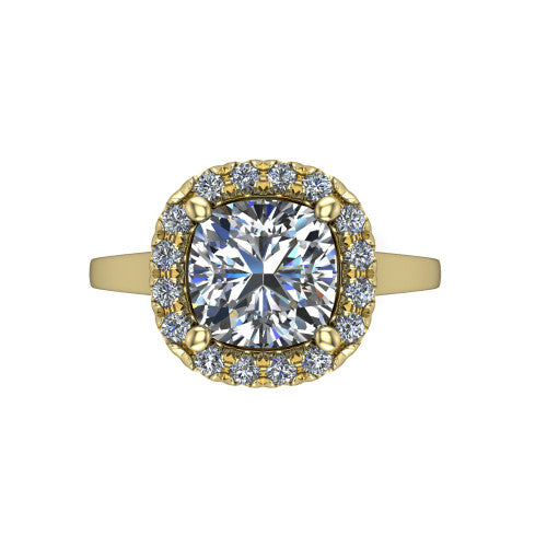 Helen cushion-cut halo engagement ring in 14K Yellow Gold, top-down view showing the cushion-cut center diamond framed by the pavé halo