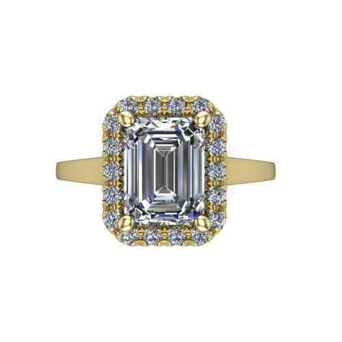 Helen emerald-cut halo engagement ring in 14K Yellow Gold, top-down view showing the emerald-cut center diamond framed by the pavé halo