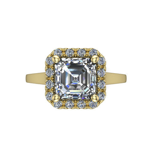 Helen square emerald-cut halo engagement ring in 18K Yellow Gold, top-down view showing the square emerald-cut center diamond framed by the pavé halo