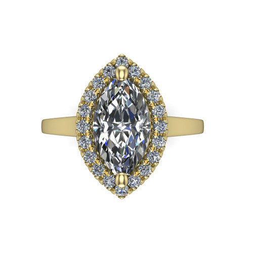 Helen marquise-cut halo engagement ring in 14K Yellow Gold, top-down view showing the marquise-cut center diamond framed by the pavé halo