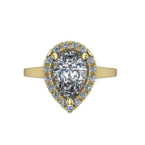 Helen pear-shaped halo engagement ring in 18K Yellow Gold, top-down view showing the pear-shaped center diamond framed by the pavé halo