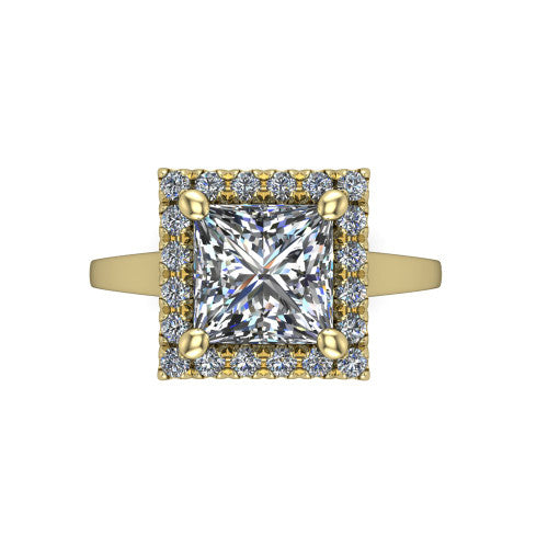 Helen princess-cut halo engagement ring in 14K Yellow Gold, top-down view showing the princess-cut center diamond framed by the pavé halo