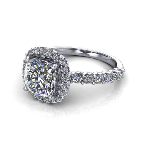 Mabel cushion halo engagement ring in 14K White Gold, three-quarter perspective showing the cushion center diamond in a pave halo above a shared-prong pave band