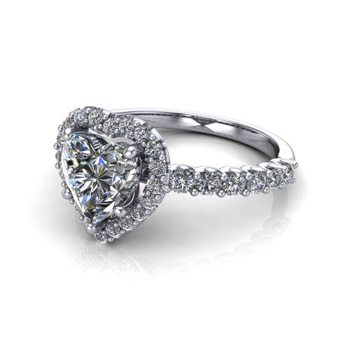 Mabel heart halo engagement ring in 14K White Gold, three-quarter perspective showing the heart center diamond in a pave halo above a shared-prong pave band
