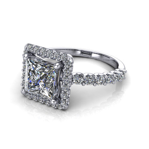 Mabel princess halo engagement ring in 18K White Gold, three-quarter perspective showing the princess center diamond in a pave halo above a shared-prong pave band