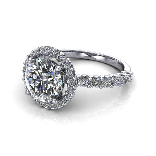 Mabel round halo engagement ring in 14K White Gold, three-quarter perspective showing the round center diamond in a pave halo above a shared-prong pave band