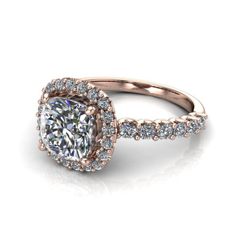 Mabel cushion halo engagement ring in 18K Rose Gold, three-quarter perspective showing the cushion center diamond in a pave halo above a shared-prong pave band