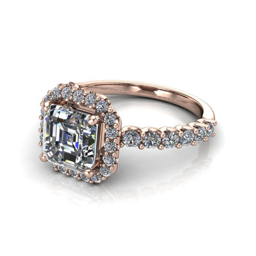 Mabel square emerald halo engagement ring in 14K Rose Gold, three-quarter perspective showing the square emerald center diamond in a pave halo above a shared-prong pave band