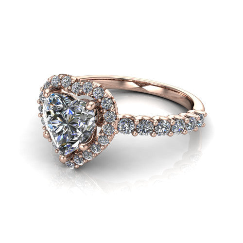 Mabel heart halo engagement ring in 18K Rose Gold, three-quarter perspective showing the heart center diamond in a pave halo above a shared-prong pave band