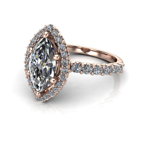 Mabel marquise halo engagement ring in 14K Rose Gold, three-quarter perspective showing the marquise center diamond in a pave halo above a shared-prong pave band