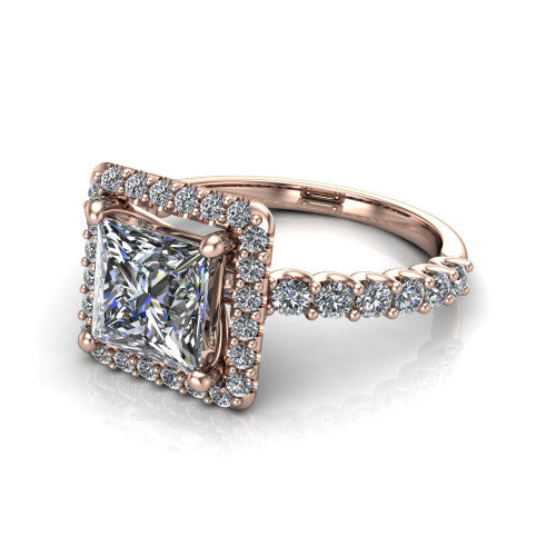 Mabel princess halo engagement ring in 14K Rose Gold, three-quarter perspective showing the princess center diamond in a pave halo above a shared-prong pave band