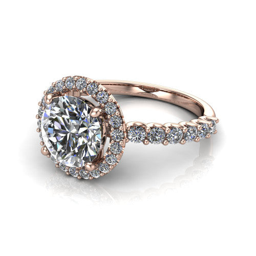 Mabel round halo engagement ring in 18K Rose Gold, three-quarter perspective showing the round center diamond in a pave halo above a shared-prong pave band