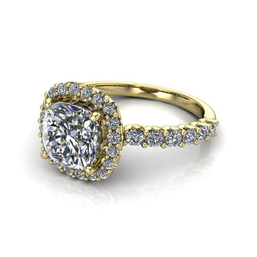 Mabel cushion halo engagement ring in 18K Yellow Gold, three-quarter perspective showing the cushion center diamond in a pave halo above a shared-prong pave band
