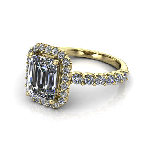Mabel emerald halo engagement ring in 14K Yellow Gold, three-quarter perspective showing the emerald center diamond in a pave halo above a shared-prong pave band