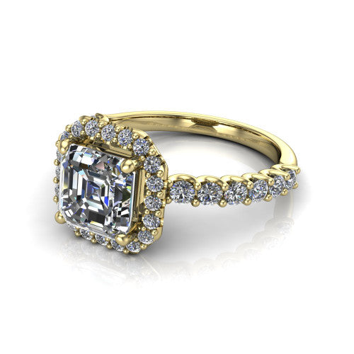 Mabel square emerald halo engagement ring in 14K Yellow Gold, three-quarter perspective showing the square emerald center diamond in a pave halo above a shared-prong pave band