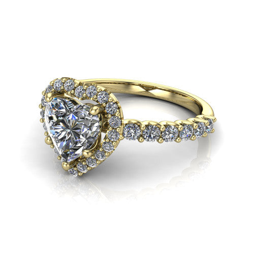 Mabel heart halo engagement ring in 14K Yellow Gold, three-quarter perspective showing the heart center diamond in a pave halo above a shared-prong pave band