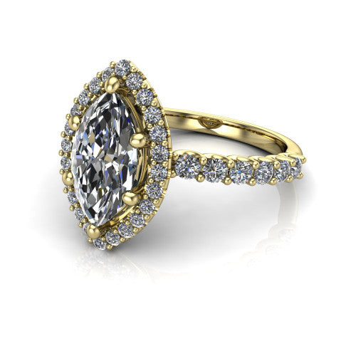 Mabel marquise halo engagement ring in 14K Yellow Gold, three-quarter perspective showing the marquise center diamond in a pave halo above a shared-prong pave band