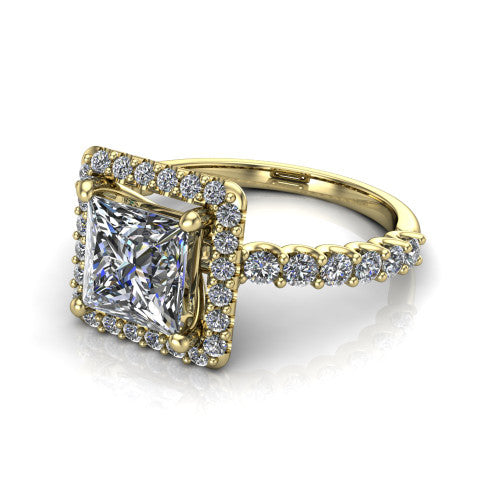 Mabel princess halo engagement ring in 18K Yellow Gold, three-quarter perspective showing the princess center diamond in a pave halo above a shared-prong pave band