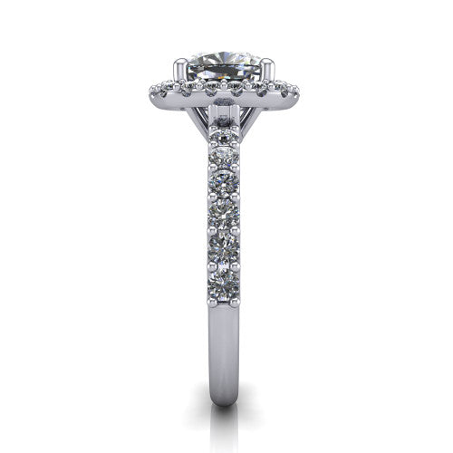 Mabel cushion halo engagement ring in 14K White Gold, side profile showing the pave band and open basket